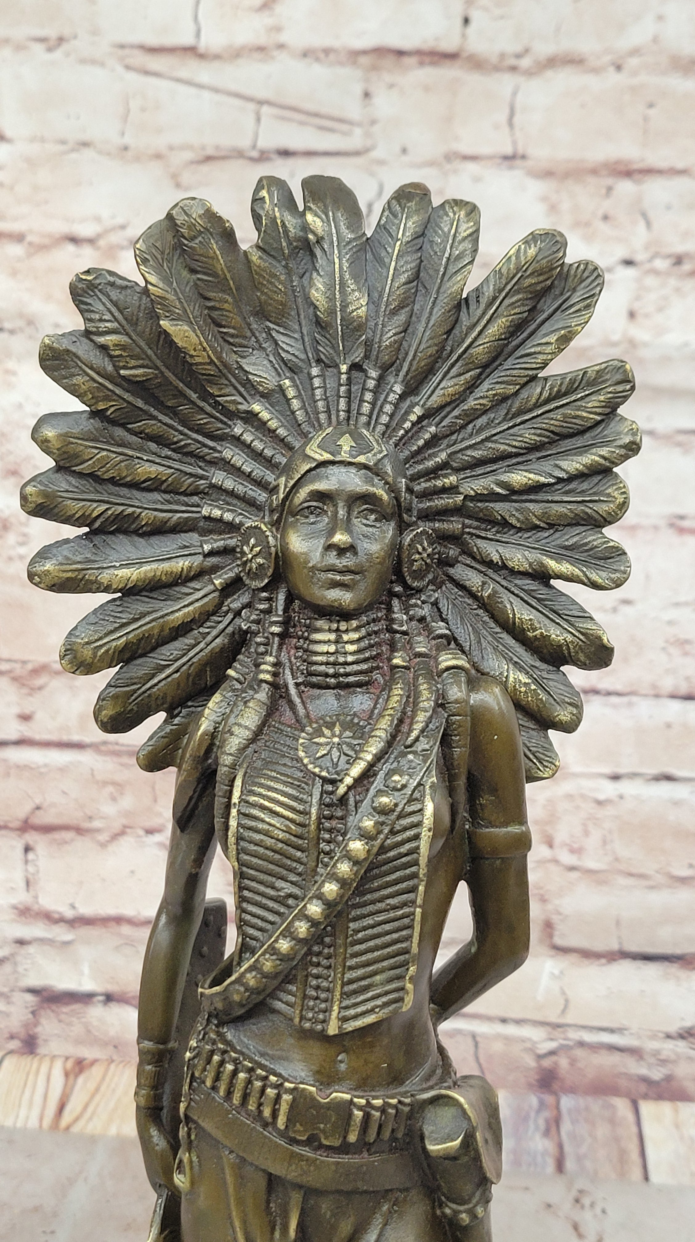 Native American Warrior in Feathered Headdress Bronze Sculpture