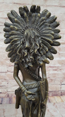 Native American Warrior in Feathered Headdress Bronze Sculpture