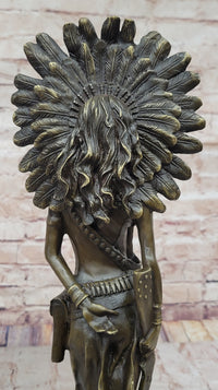 Native American Warrior in Feathered Headdress Bronze Sculpture
