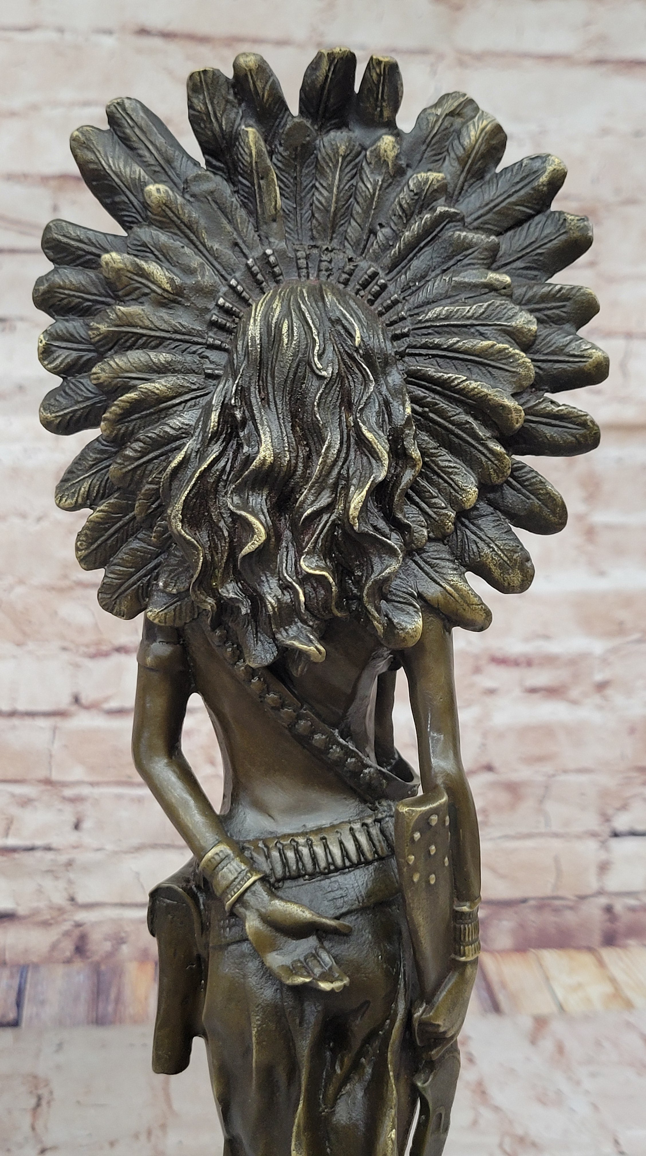 Native American Warrior in Feathered Headdress Bronze Sculpture