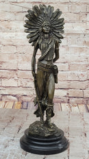 Native American Warrior in Feathered Headdress Bronze Sculpture