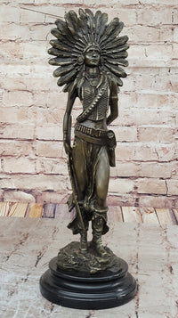 Native American Warrior in Feathered Headdress Bronze Sculpture