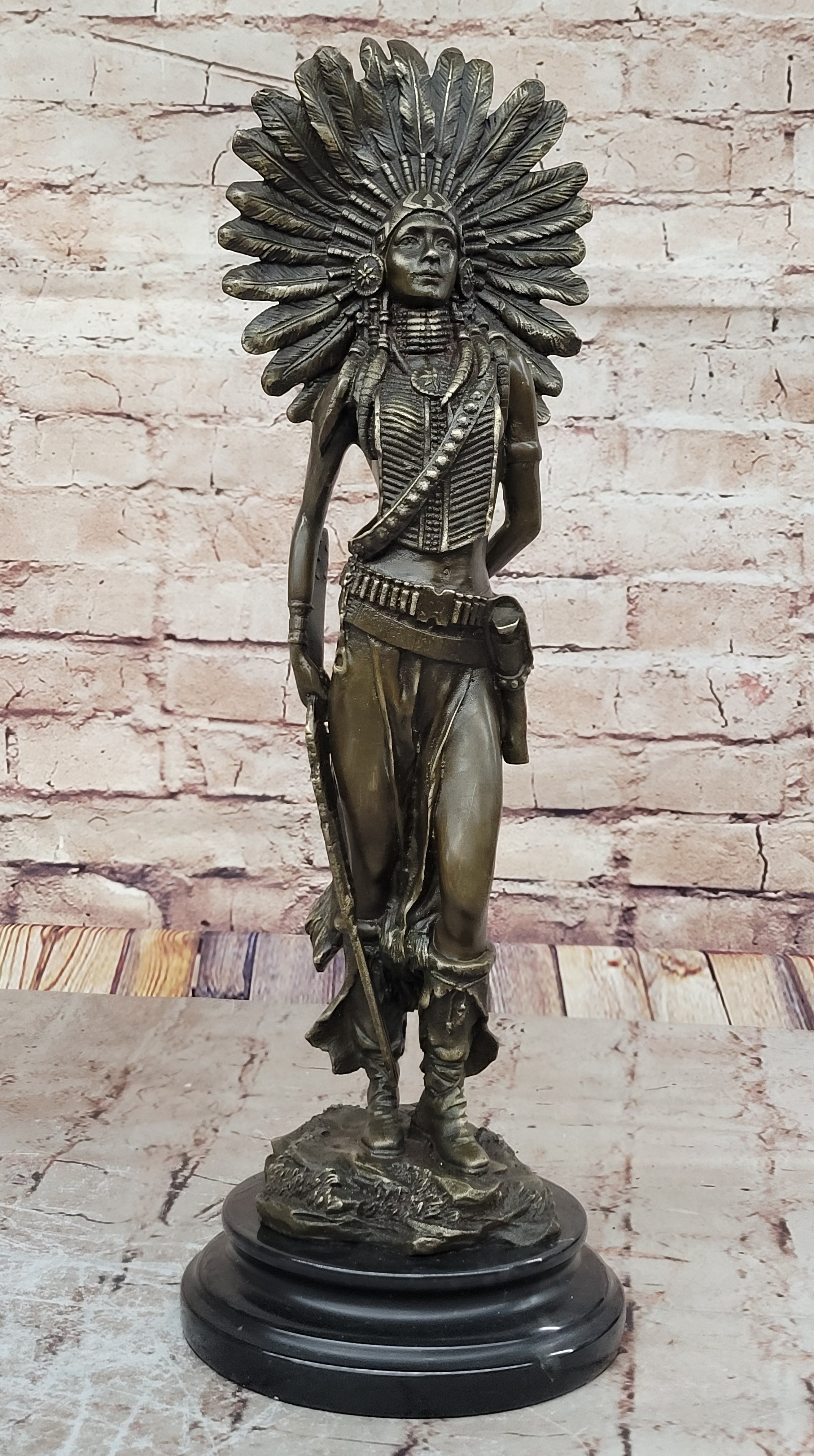 Native American Warrior in Feathered Headdress Bronze Sculpture