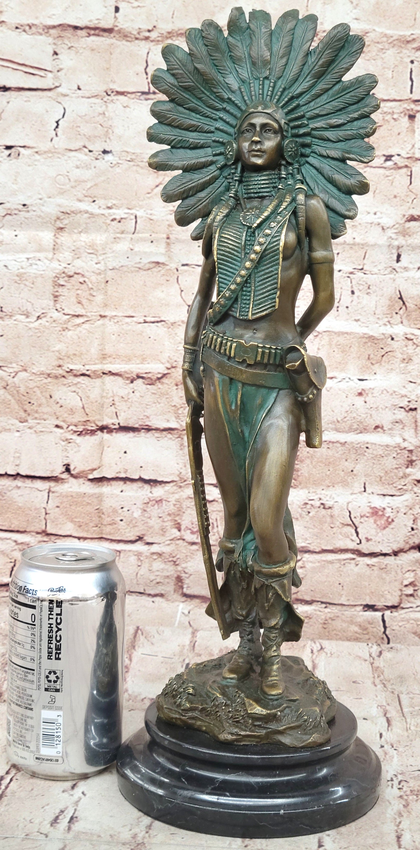 Native American Indian Female Warrior Bronze Figure w/ War Bonnet