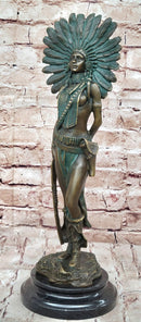 Native American Indian Female Warrior Bronze Figure w/ War Bonnet
