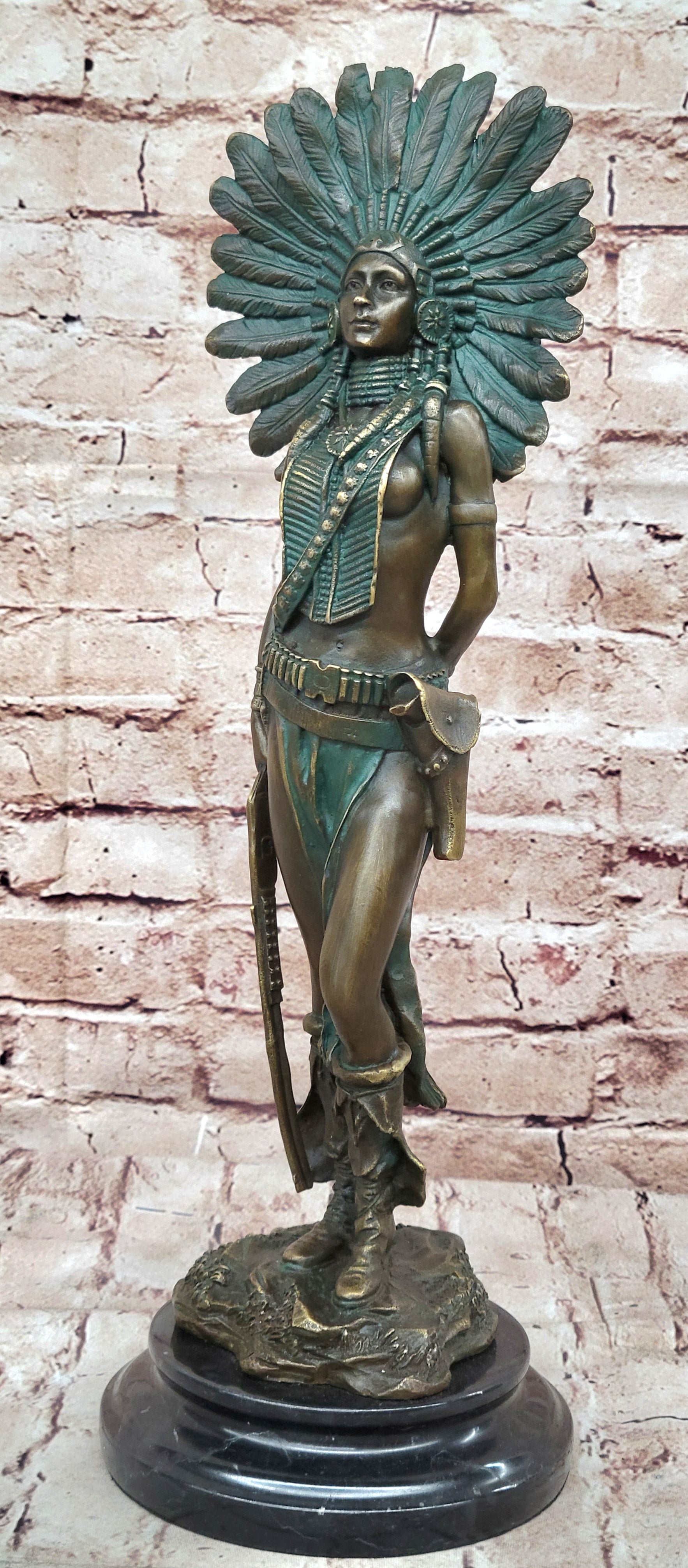 Native American Indian Female Warrior Bronze Figure w/ War Bonnet