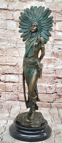 Native American Indian Female Warrior Bronze Figure w/ War Bonnet