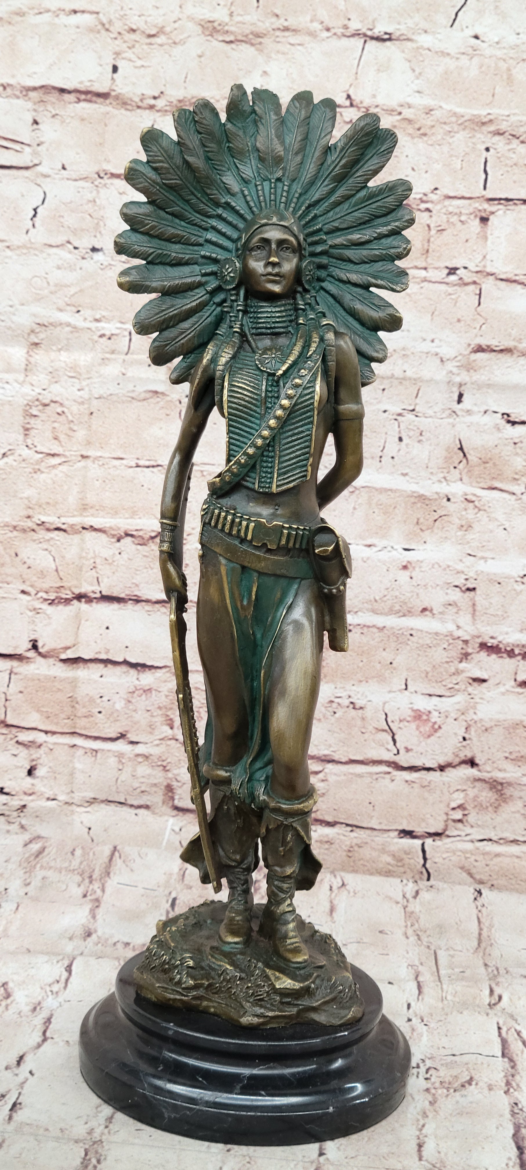 Native American Indian Female Warrior Bronze Figure w/ War Bonnet