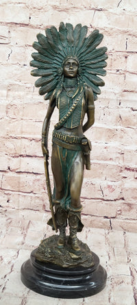 Native American Indian Female Warrior Bronze Figure w/ War Bonnet