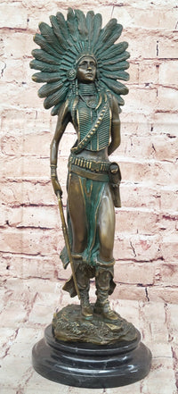 Native American Indian Female Warrior Bronze Figure w/ War Bonnet