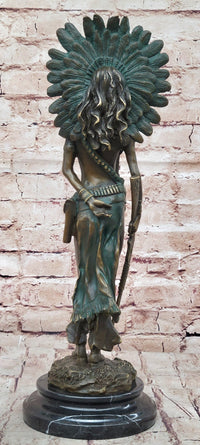 Native American Indian Female Warrior Bronze Figure w/ War Bonnet