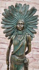 Native American Indian Female Warrior Bronze Figure w/ War Bonnet