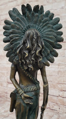 Native American Indian Female Warrior Bronze Figure w/ War Bonnet