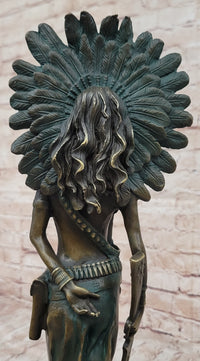 Native American Indian Female Warrior Bronze Figure w/ War Bonnet