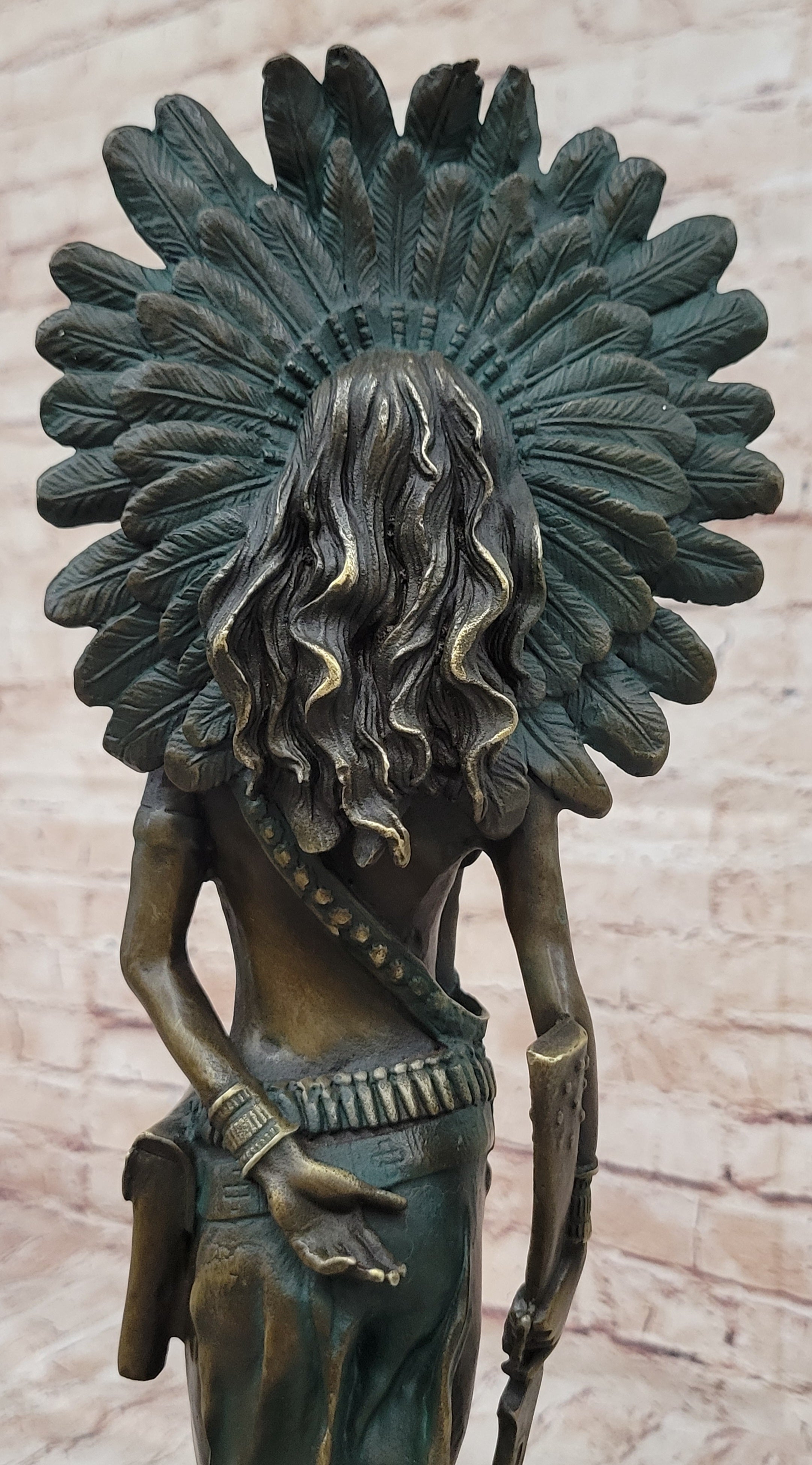Native American Indian Female Warrior Bronze Figure w/ War Bonnet