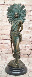 Native American Indian Female Warrior Bronze Figure w/ War Bonnet