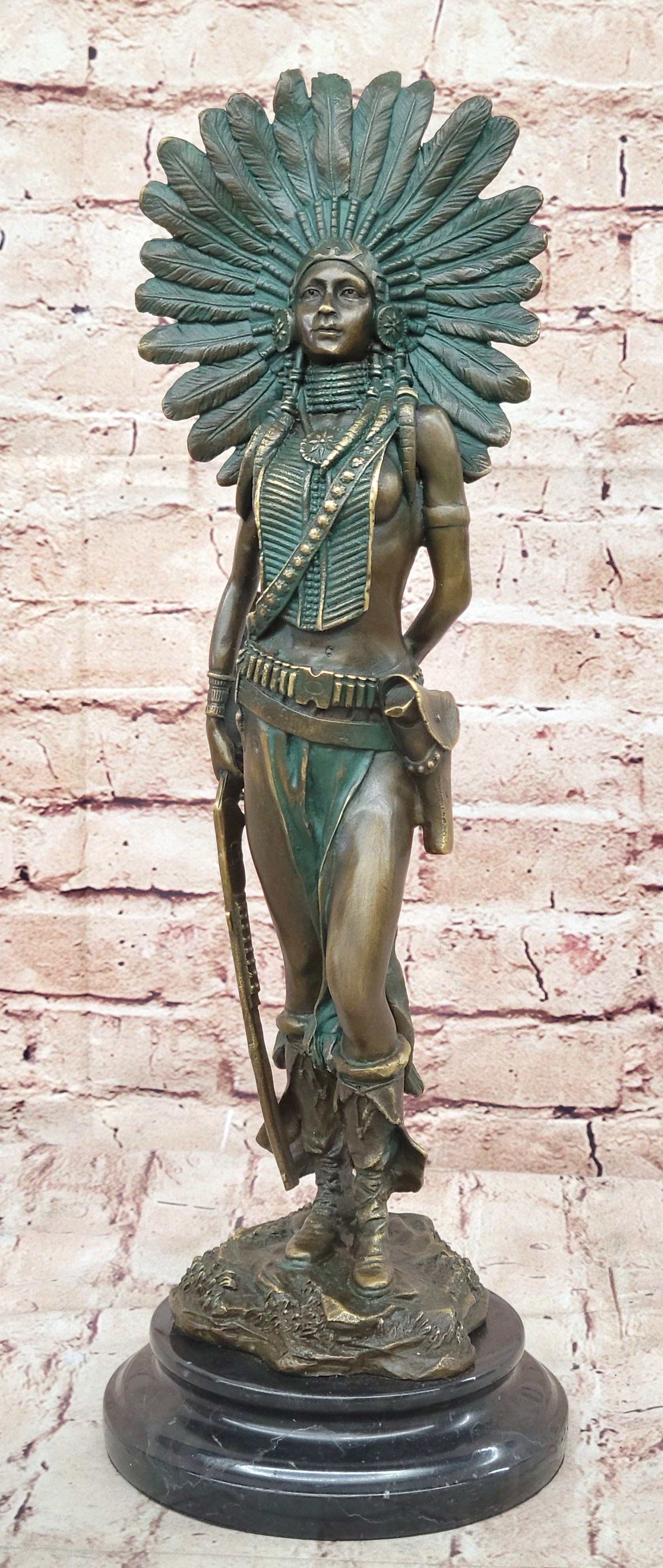 Native American Indian Female Warrior Bronze Figure w/ War Bonnet