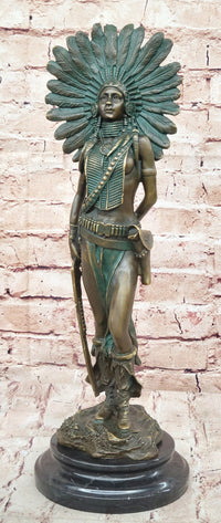 Native American Indian Female Warrior Bronze Figure w/ War Bonnet