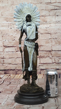 Native American Girl in Feathered Bonnet Bronze Signed