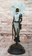 Native American Girl in Feathered Bonnet Bronze Signed