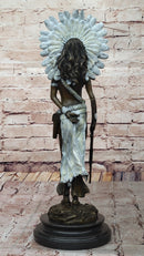 Native American Girl in Feathered Bonnet Bronze Signed