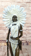 Native American Girl in Feathered Bonnet Bronze Signed