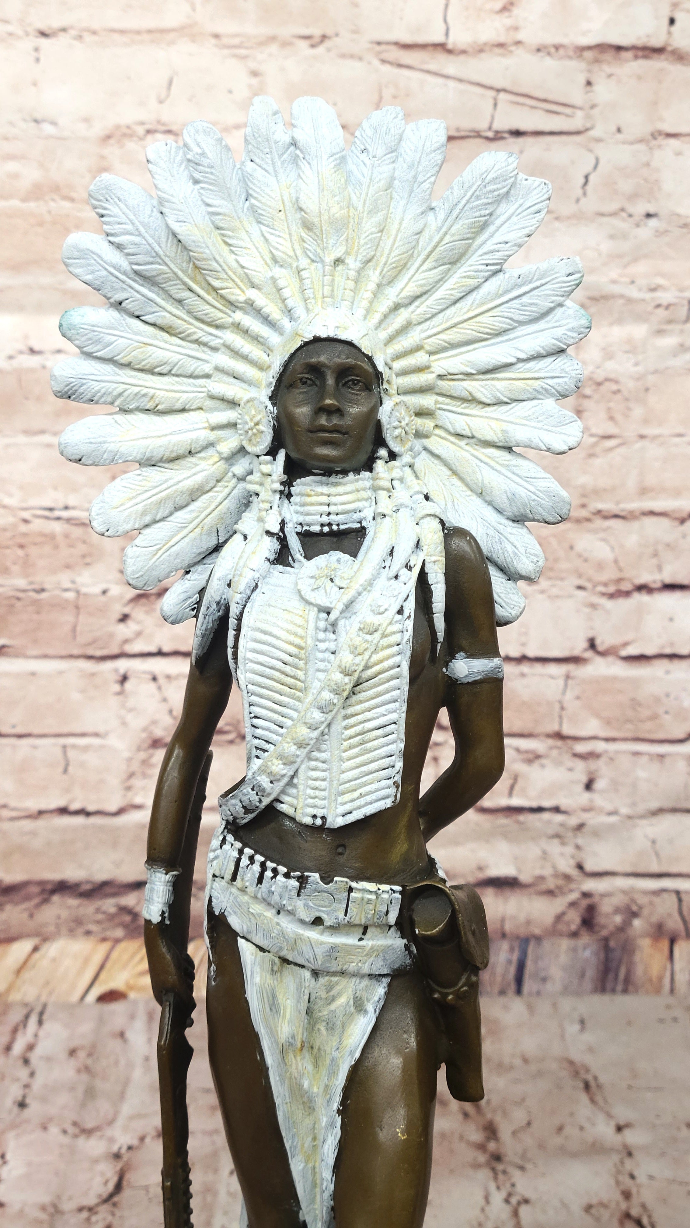 Native American Girl in Feathered Bonnet Bronze Signed