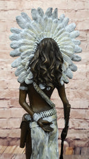 Native American Girl in Feathered Bonnet Bronze Signed