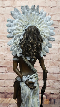 Native American Girl in Feathered Bonnet Bronze Signed