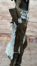 Native American Girl in Feathered Bonnet Bronze Signed