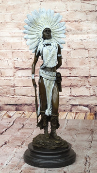 Native American Girl in Feathered Bonnet Bronze Signed