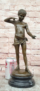 A Young Boy Holding a Snail Signed Somme Bronze Sculpture Statue Figurine Decor