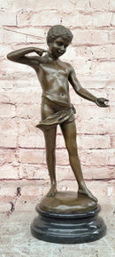 A Young Boy Holding a Snail Signed Somme Bronze Sculpture Statue Figurine Decor
