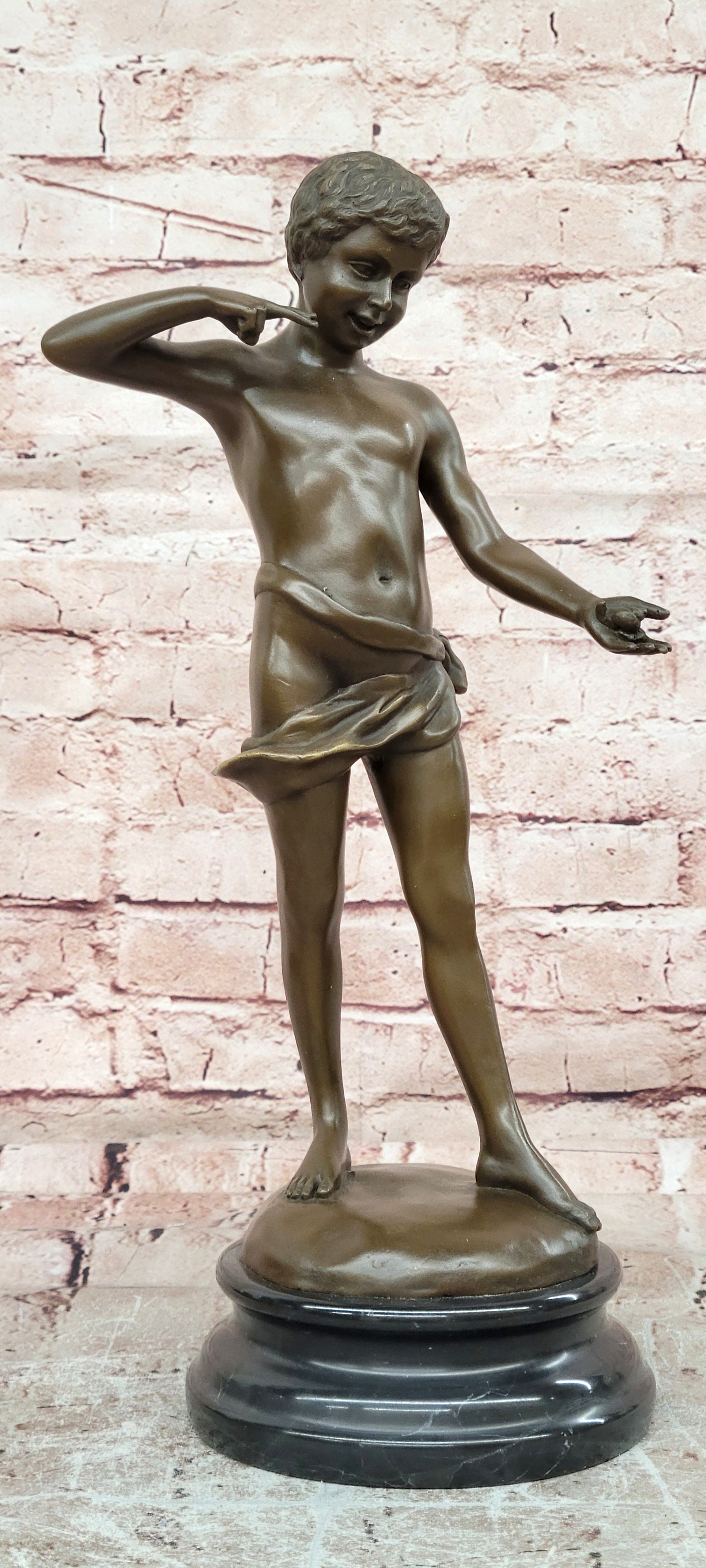 A Young Boy Holding a Snail Signed Somme Bronze Sculpture Statue Figurine Decor