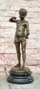 A Young Boy Holding a Snail Signed Somme Bronze Sculpture Statue Figurine Decor