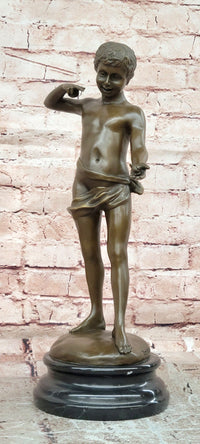 A Young Boy Holding a Snail Signed Somme Bronze Sculpture Statue Figurine Decor