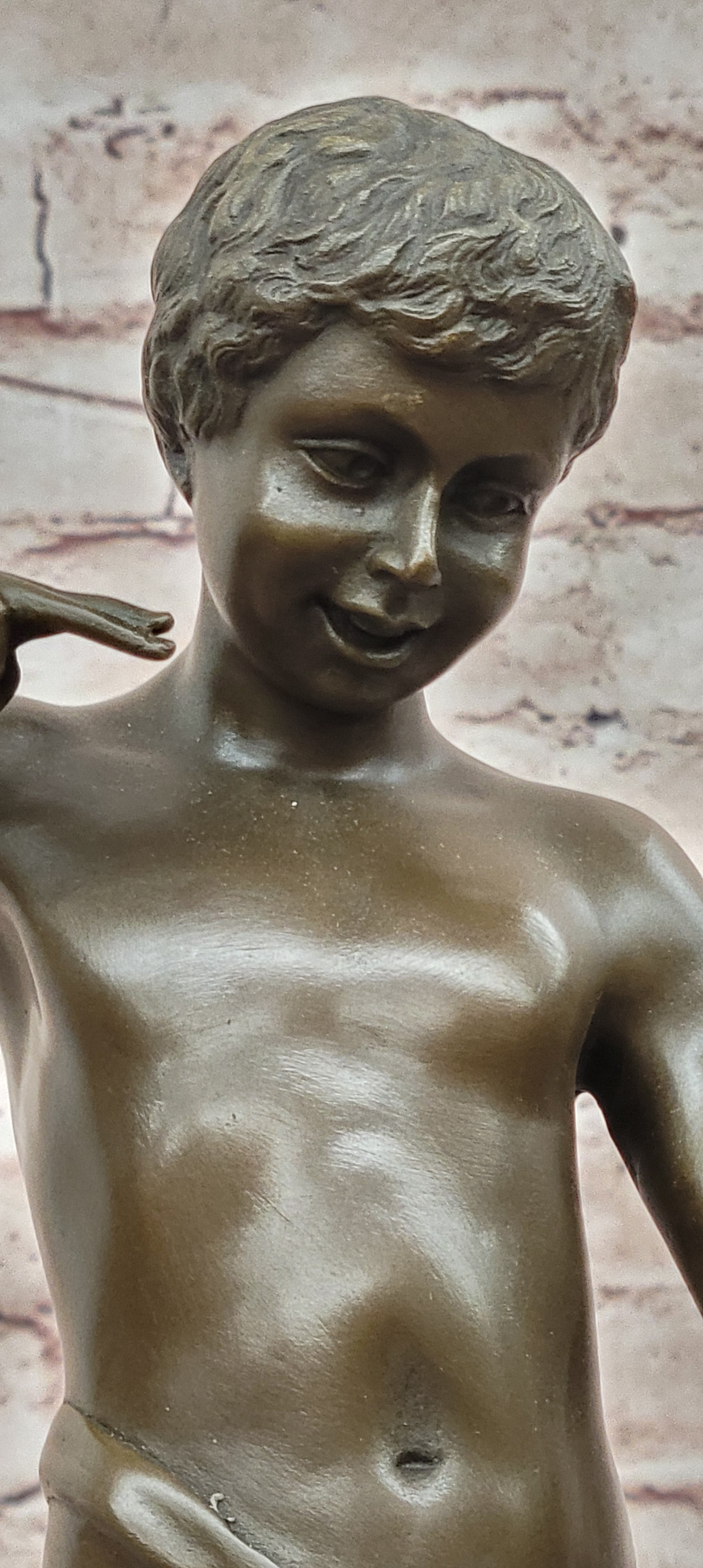 A Young Boy Holding a Snail Signed Somme Bronze Sculpture Statue Figurine Decor