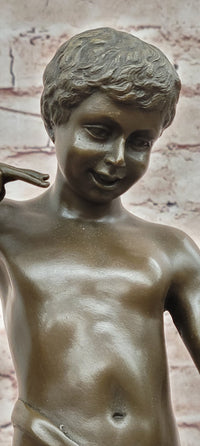 A Young Boy Holding a Snail Signed Somme Bronze Sculpture Statue Figurine Decor