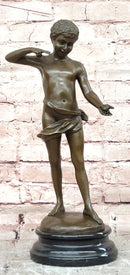 A Young Boy Holding a Snail Signed Somme Bronze Sculpture Statue Figurine Decor