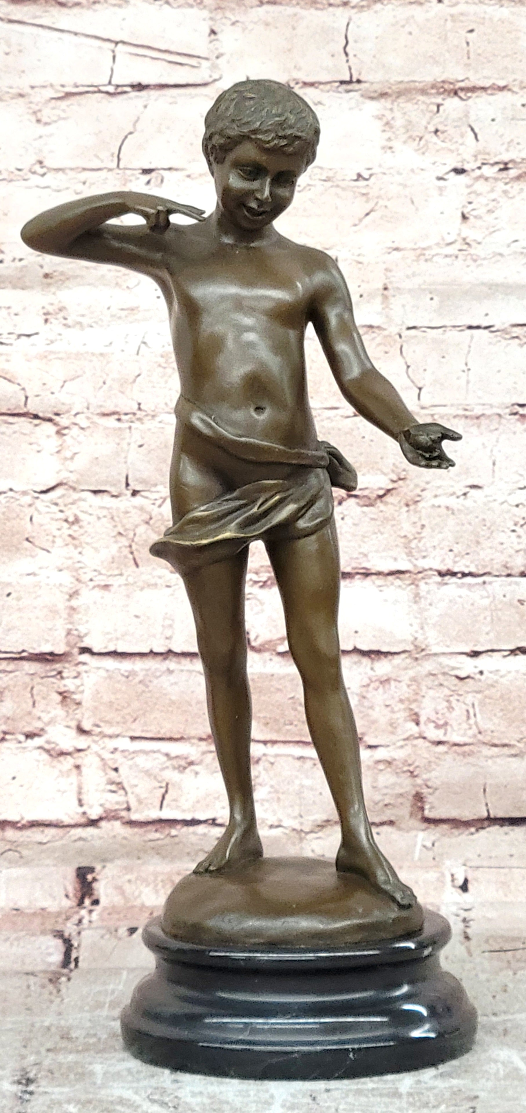 A Young Boy Holding a Snail Signed Somme Bronze Sculpture Statue Figurine Decor
