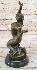 Hot Cast Bronze Nude Female Nymph Sculpture Statue Figure on Marble Base by MIlo
