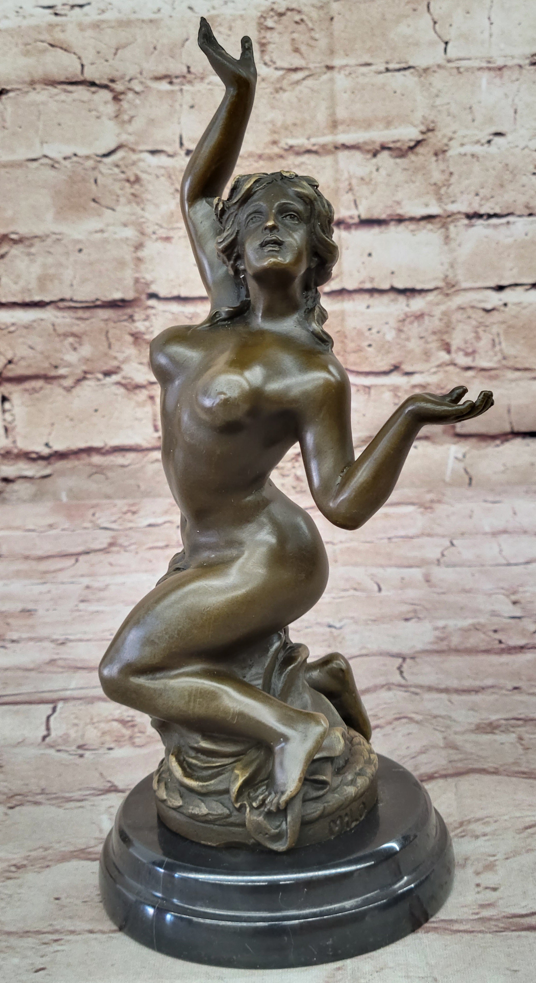 Hot Cast Bronze Nude Female Nymph Sculpture Statue Figure on Marble Base by MIlo