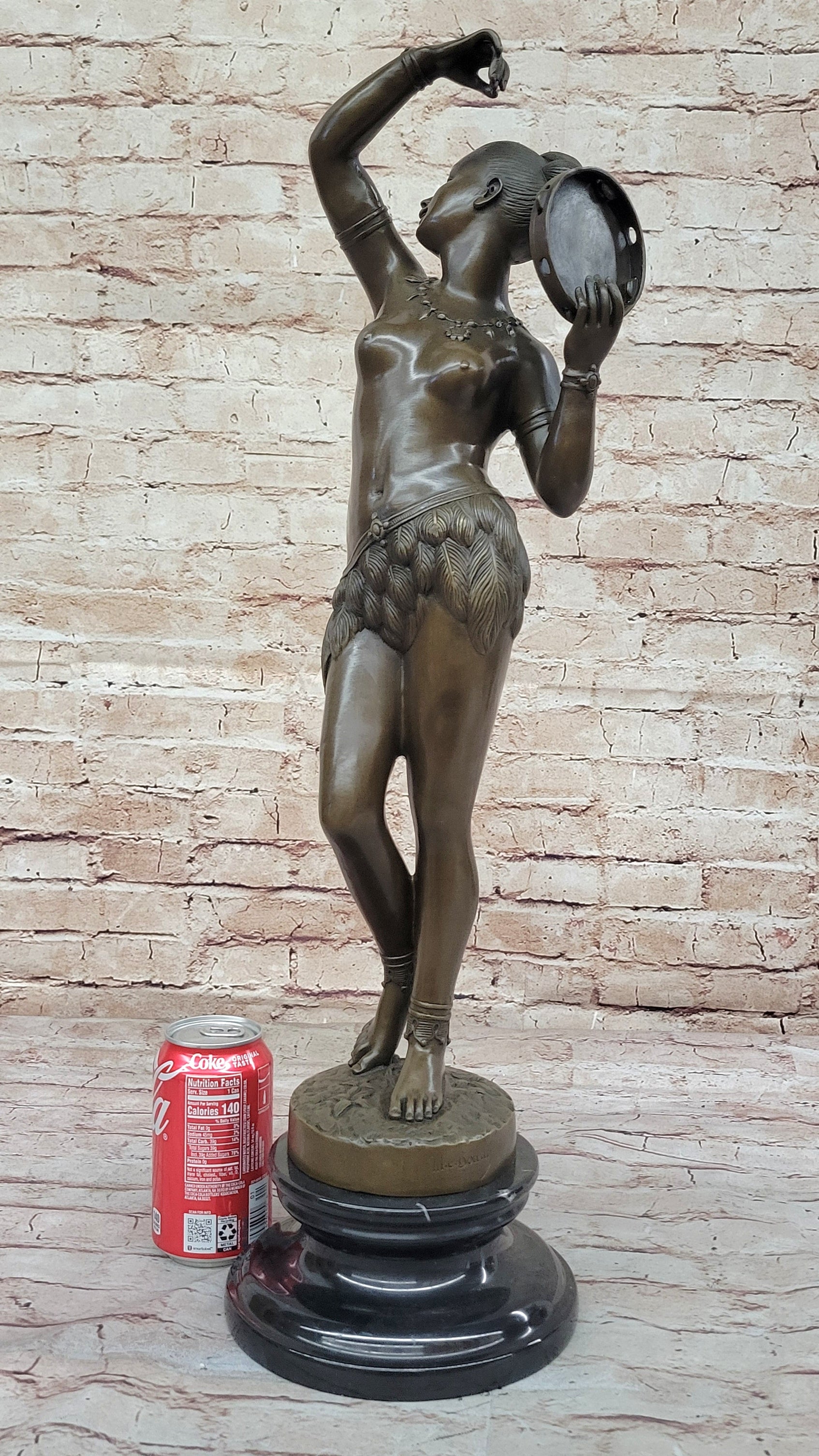Semi Nude Exotic Female Tambourine Dancer in Hula Skirt - Bronze Sculpture by M.C. Bouay