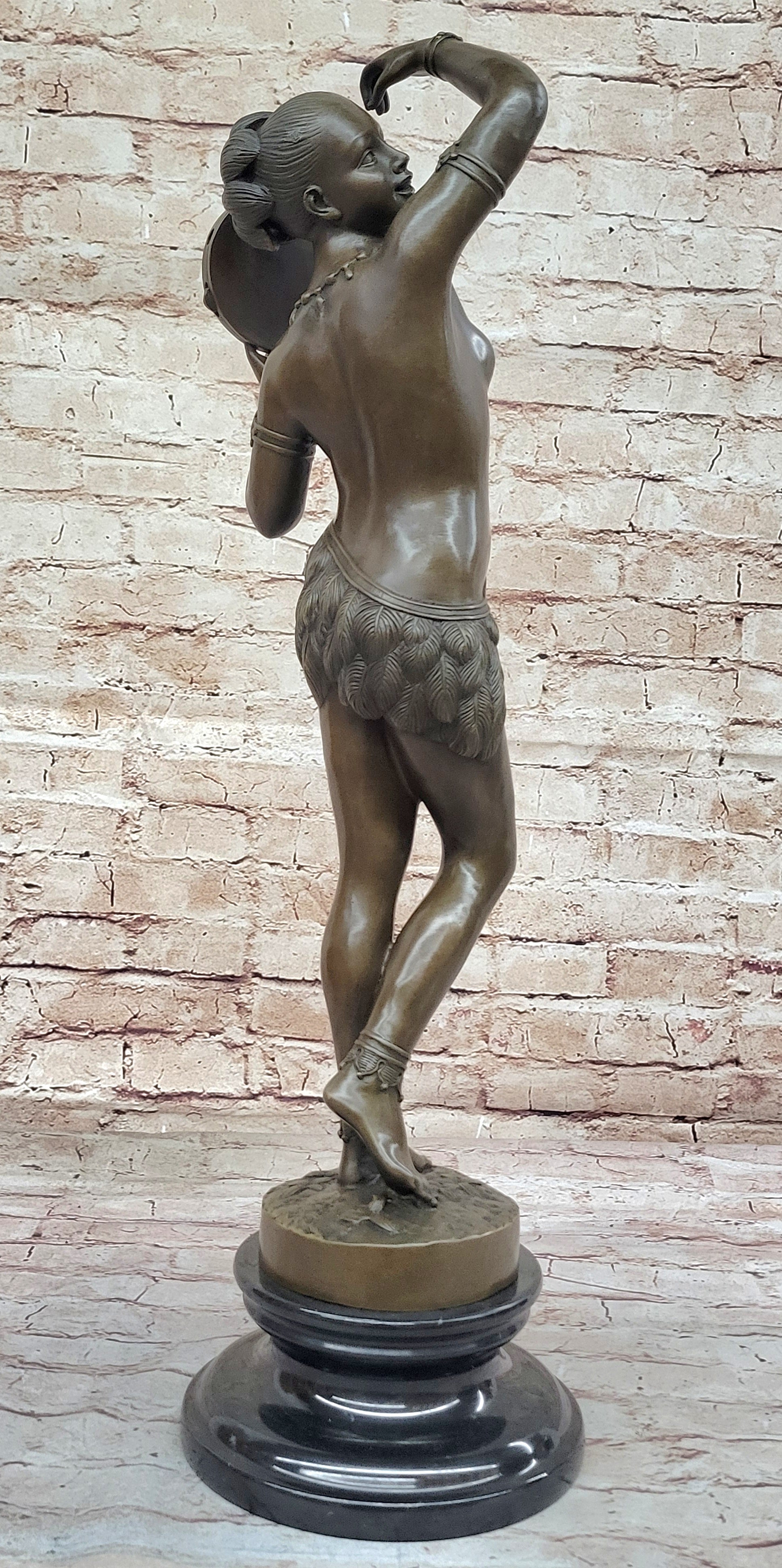 Semi Nude Exotic Female Tambourine Dancer in Hula Skirt - Bronze Sculpture by M.C. Bouay