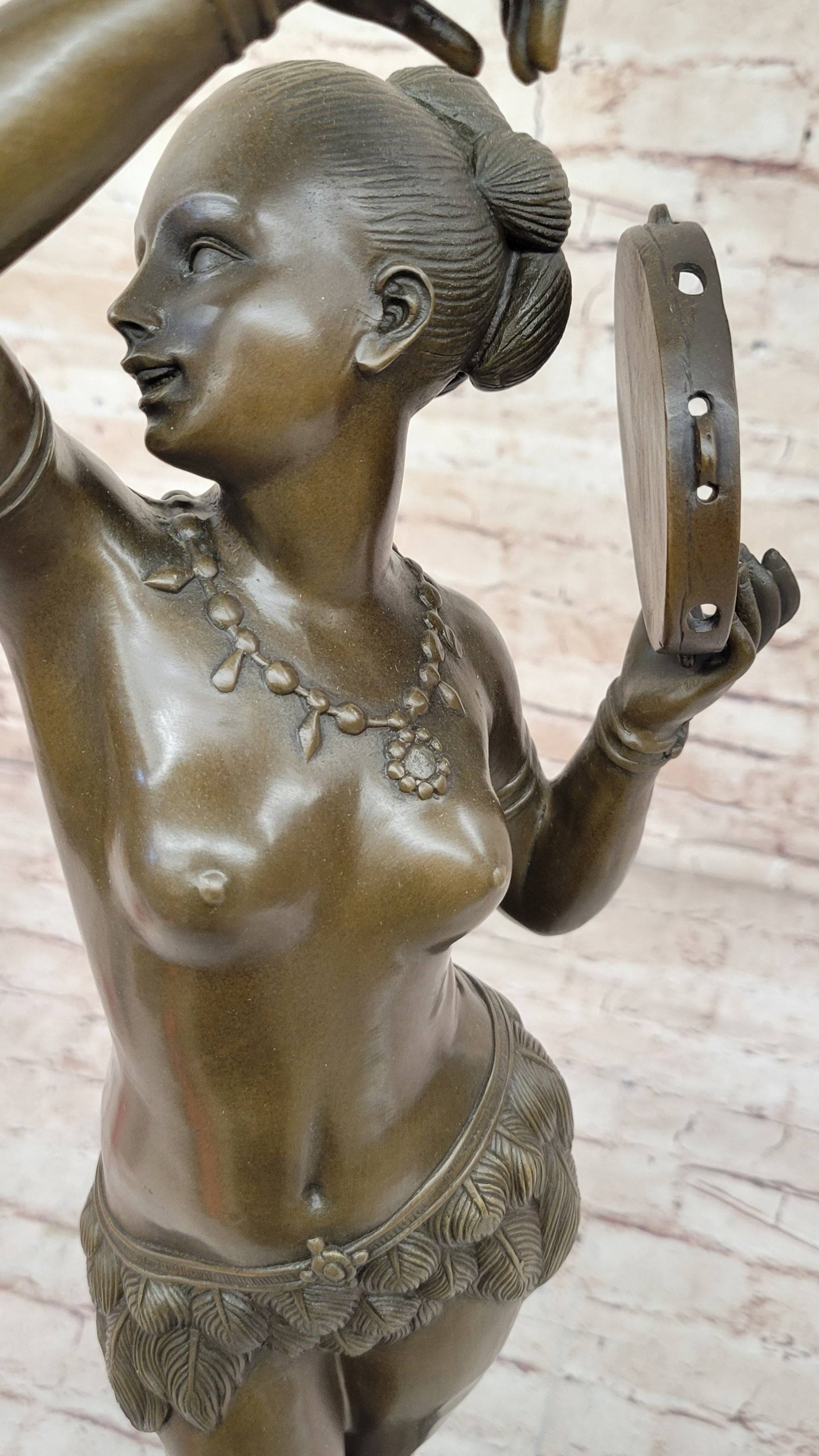 Semi Nude Exotic Female Tambourine Dancer in Hula Skirt - Bronze Sculpture by M.C. Bouay