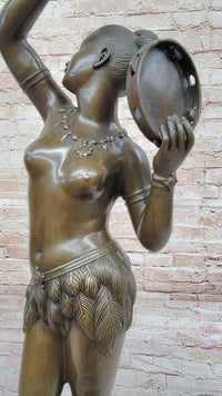 Semi Nude Exotic Female Tambourine Dancer in Hula Skirt - Bronze Sculpture by M.C. Bouay