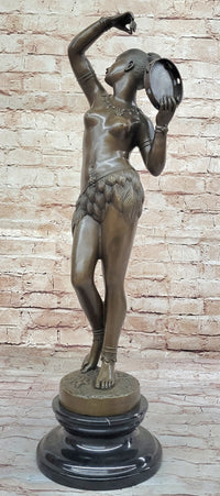 Semi Nude Exotic Female Tambourine Dancer in Hula Skirt - Bronze Sculpture by M.C. Bouay