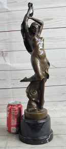 Art Nouveau Bronze Female Figure Reaching Upwards on Marble Base