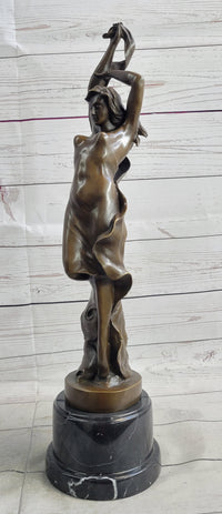Art Nouveau Bronze Female Figure Reaching Upwards on Marble Base