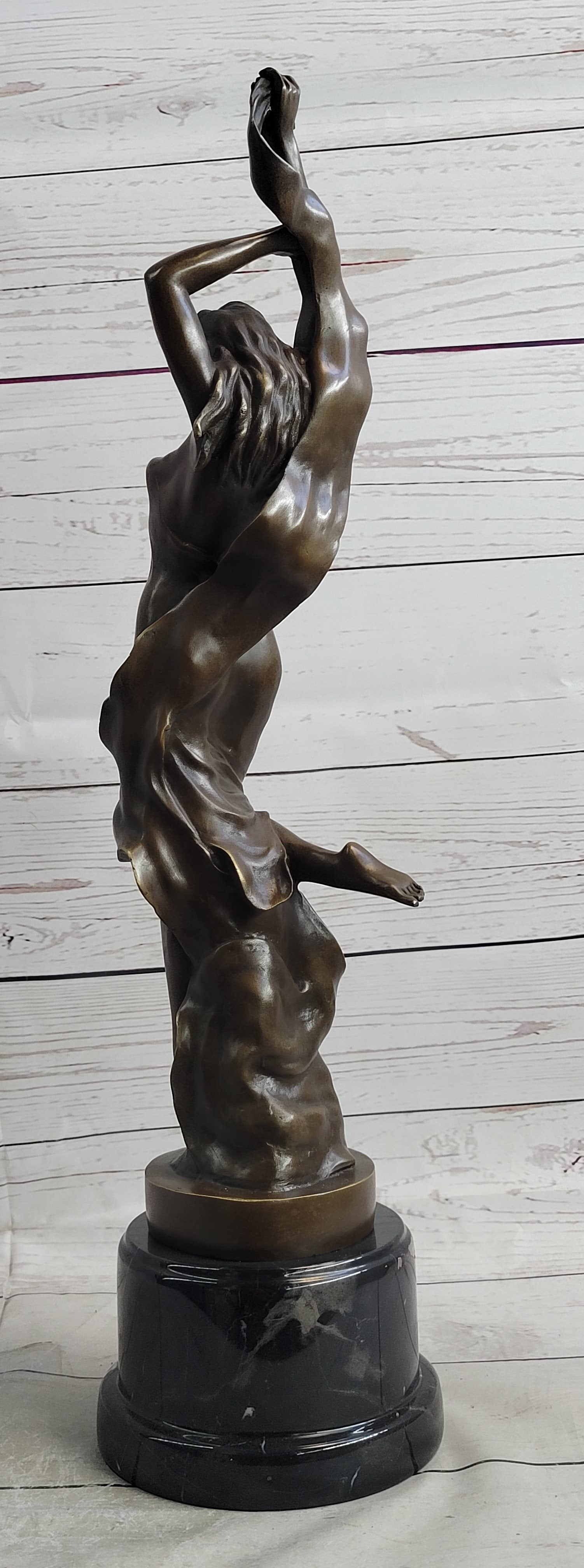 Art Nouveau Bronze Female Figure Reaching Upwards on Marble Base